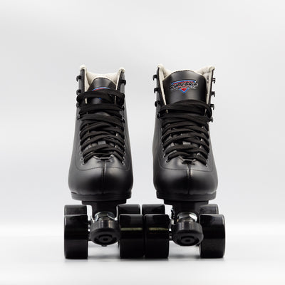 Front view: Sure-Grip Fame roller skates in black.