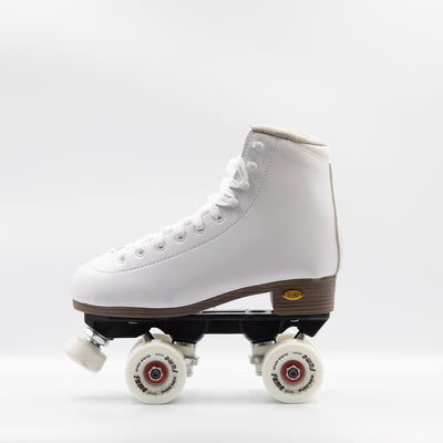 Side view of Sure-Grip Fame roller skates in white, except for wood look heel and sole and black nylon plate.