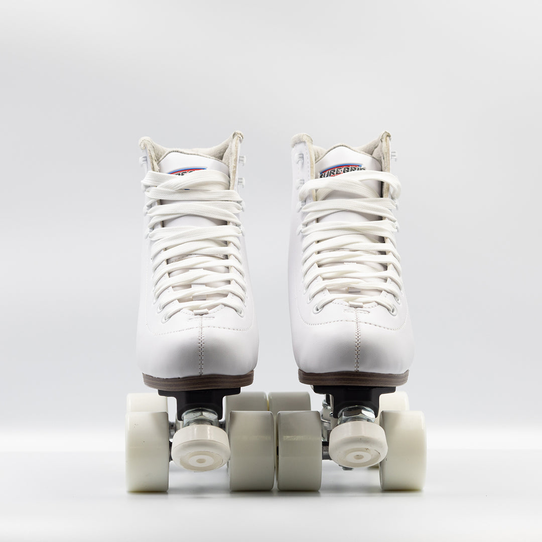 Front view: Sure-Grip Fame roller skates in white, except for wood look heel and sole and black nylon plate.
