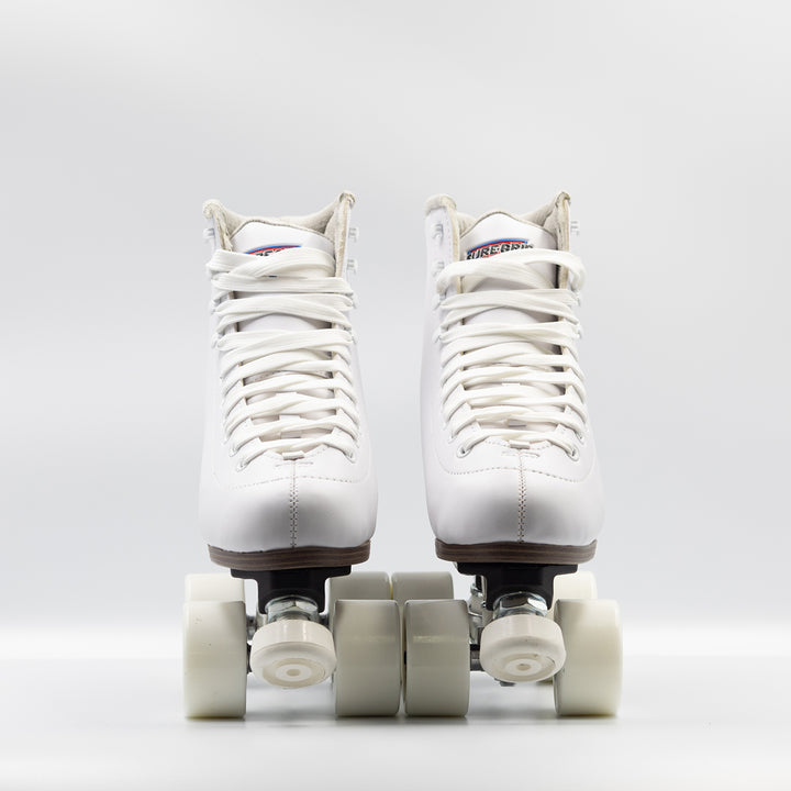 Front view: Sure-Grip Fame roller skates in white, except for wood look heel and sole and black nylon plate.