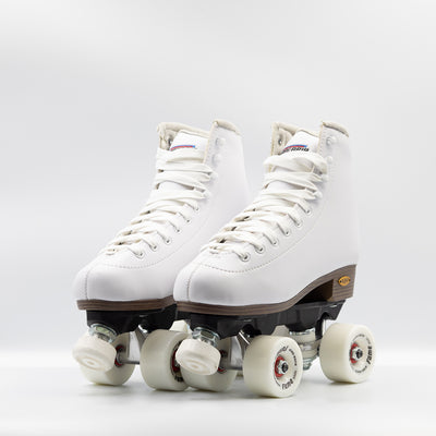 Sure-Grip Fame roller skates in white, except for wood look heel and sole and black nylon plate.