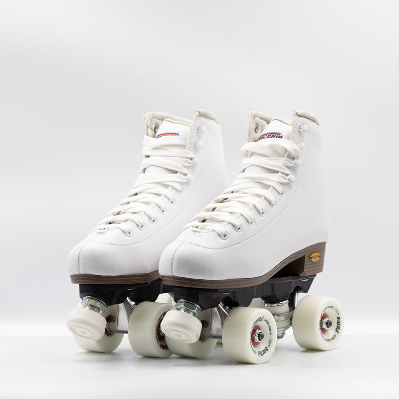 Sure-Grip Fame roller skates in white, except for wood look heel and sole and black nylon plate.