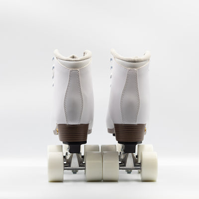 Back view: Sure-Grip Fame roller skates in white, except for wood look heel and sole and black nylon plate.