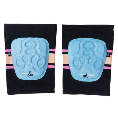 Triple 8 Covert Knee pads in Sunset, black sleeve with pink and cream centre stripe with baby blue knee padding.