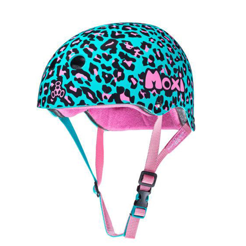 Moxi Roller Skates x Triple 8 certified sweatsaver helmet in teal blue and pink leopard print.