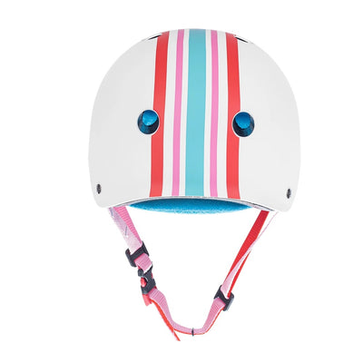 Moxi x Triple 8 Stripey white gloss helmet with red, pink and blue stripes down the centre,