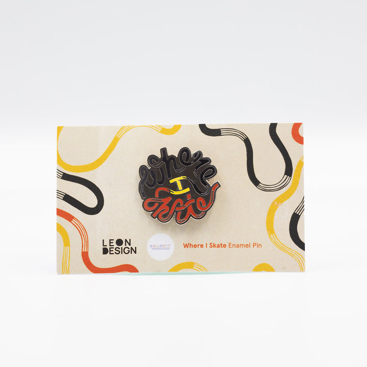 RollerFit Where I Skate enamel pin in silver, black, yellow and red.